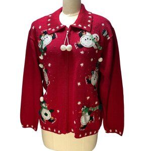Tiara International VTG Christmas Snowman Red Cardigan Sweater Zipper Front & Po